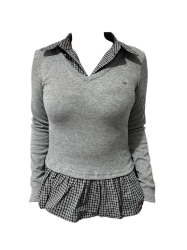 Amy家微胖mm假两件格子拼接polo领长袖T恤女秋季修身显瘦正肩上衣