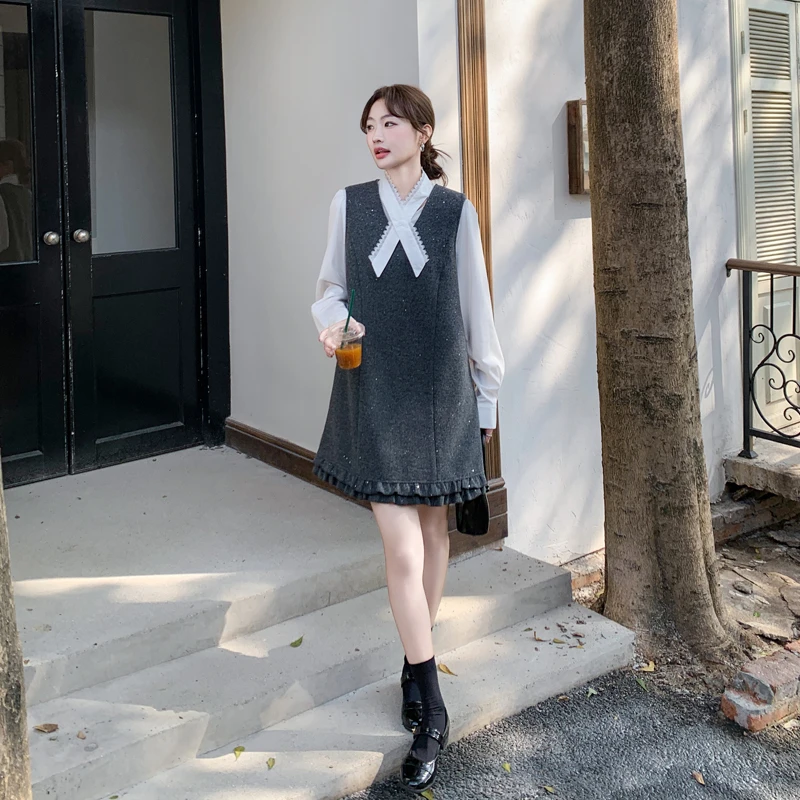 亮片背心裙叠穿蕾丝边衬衫女套装2025春季新款高级感小洋装两件套