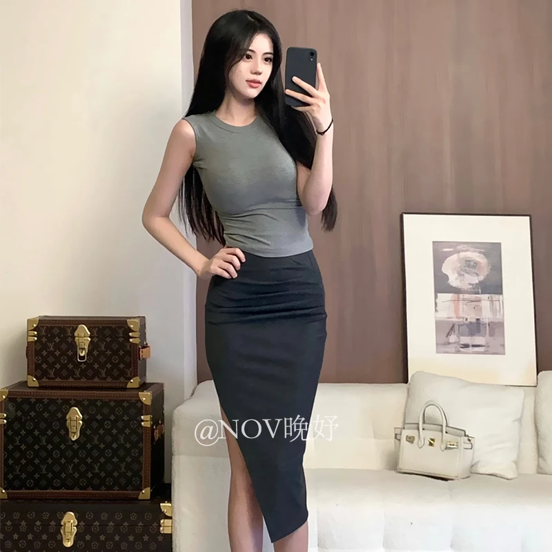 NOV晚妤【极简主义】显瘦褶皱裙修身性感开叉半身裙通勤无袖T恤上衣