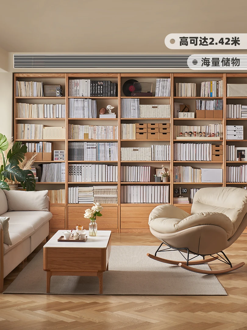 全实木满墙书柜一体整墙储物柜带卡座落地组合书架L7176简约书房