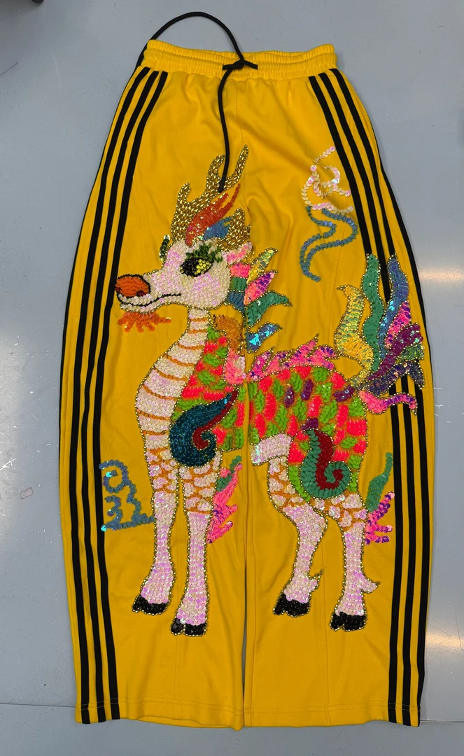 花花潮牌设计师原创纯手工钉珠亮片圈棉休闲时尚直筒卫衣裤