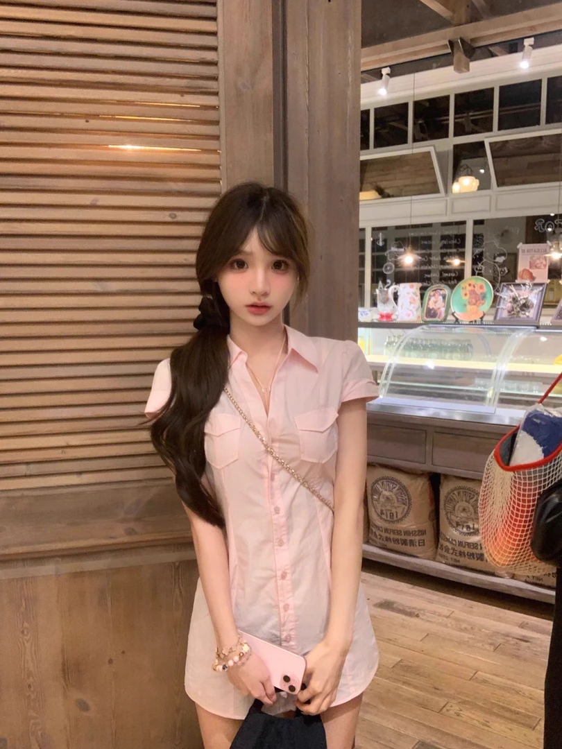 【知性甜妹】纯欲夏季新款V领粉色衬衫连衣裙女收腰显瘦短裙