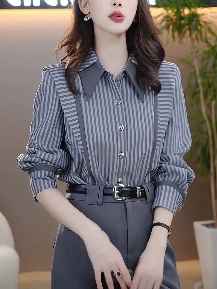 111灰色条纹衬衫2025早秋新款衬衣小众设计感上衣