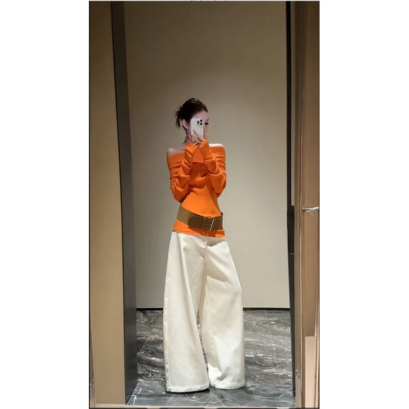 复古风简约百搭一字肩长袖针织衫毛衣上衣女宽松百搭阔腿裤套装潮