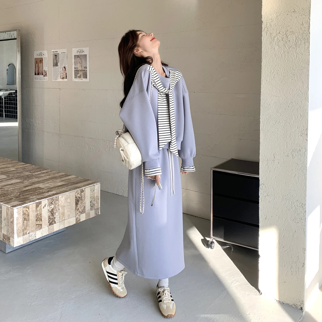 紫色慵懒巨好看条纹卫衣套装女2025秋新款学院风上衣半身裙两件套