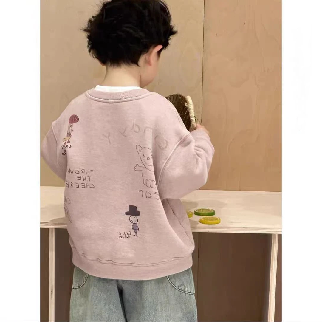 男童卫衣2025新款春秋季儿童简约卡通印花宽松百搭长袖粉色卫衣