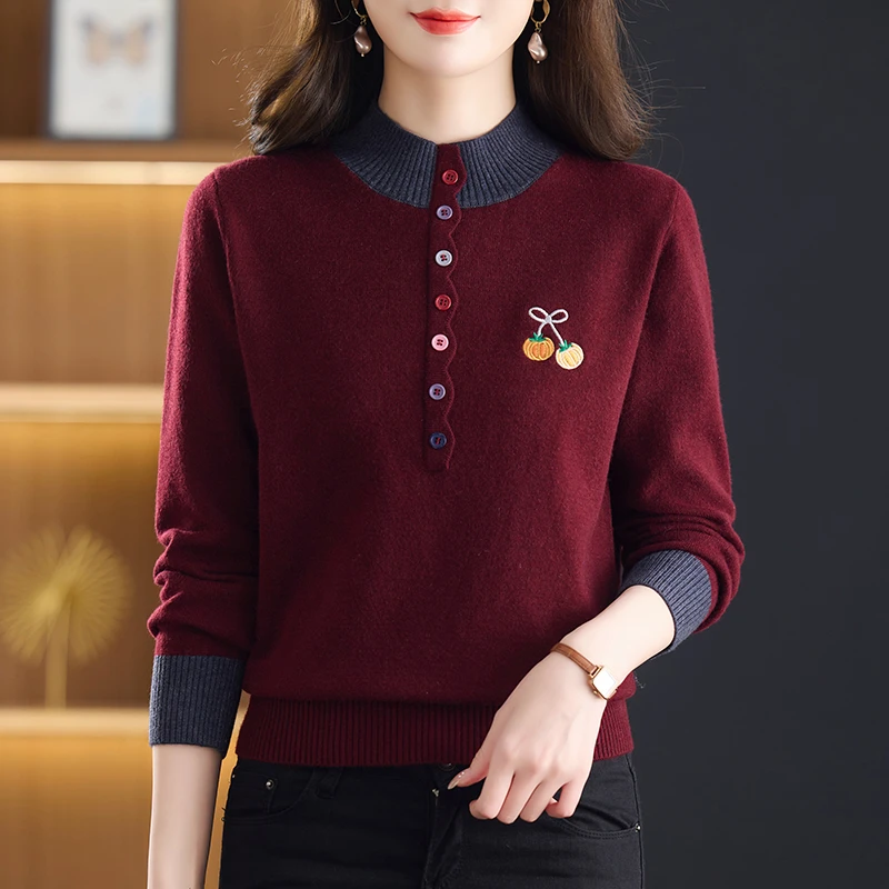 高档羊毛衫女秋冬季新款半高领刺绣毛衣洋气妈妈拼色针织打底衫