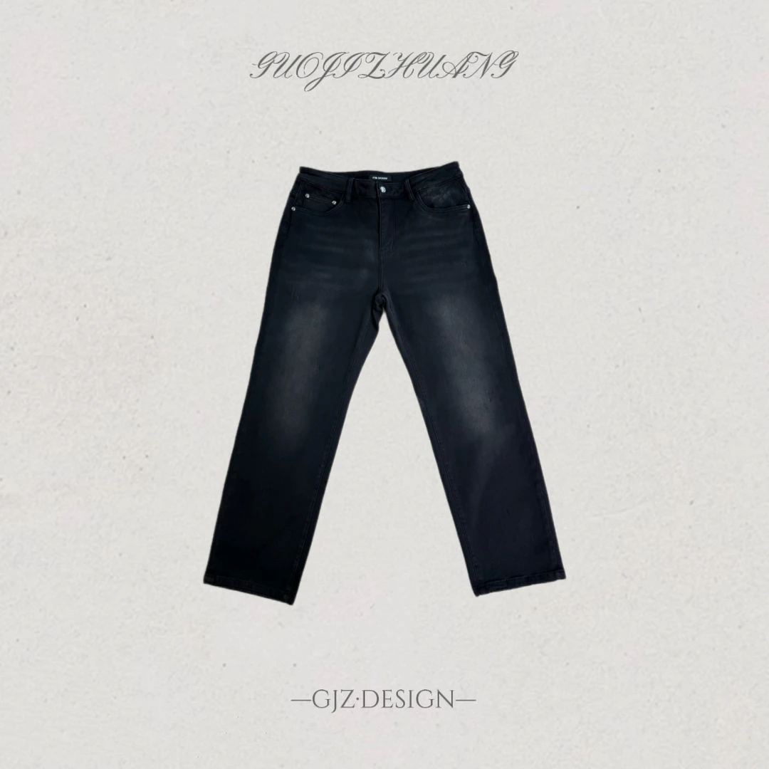 【国际装-黑灰加绒】秋冬男士黑灰色加绒百搭轻奢拼皮直筒牛仔裤