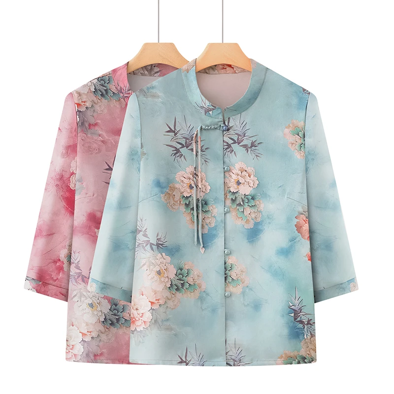 大码中老年碎花衬衫妈妈装夏季衬衣薄款夏装中式中老年女装开衫