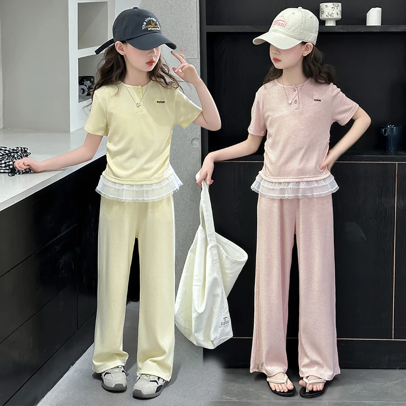 女童短袖套装夏季2025新款女大童薄款休闲阔腿裤儿童夏装休闲穿搭