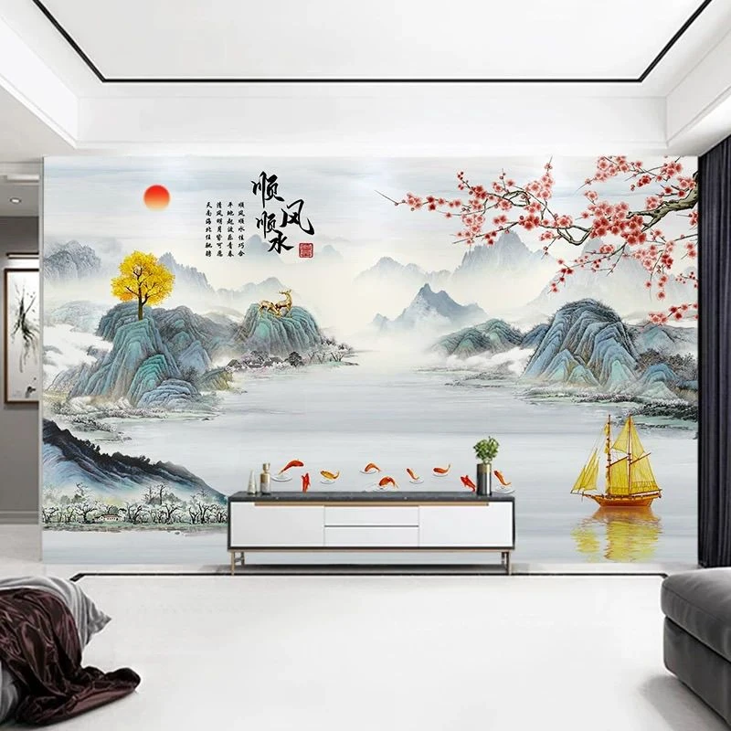 中堂电视墙壁画壁纸布3D客厅影视背景墙墙纸墙布18d家和山水画