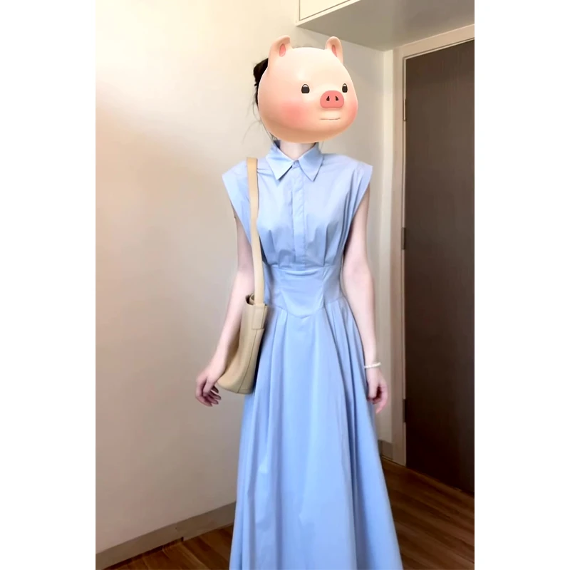 设计感衬衫连衣裙女2025夏季新款韩系气质翻领收腰中长款褶皱裙子