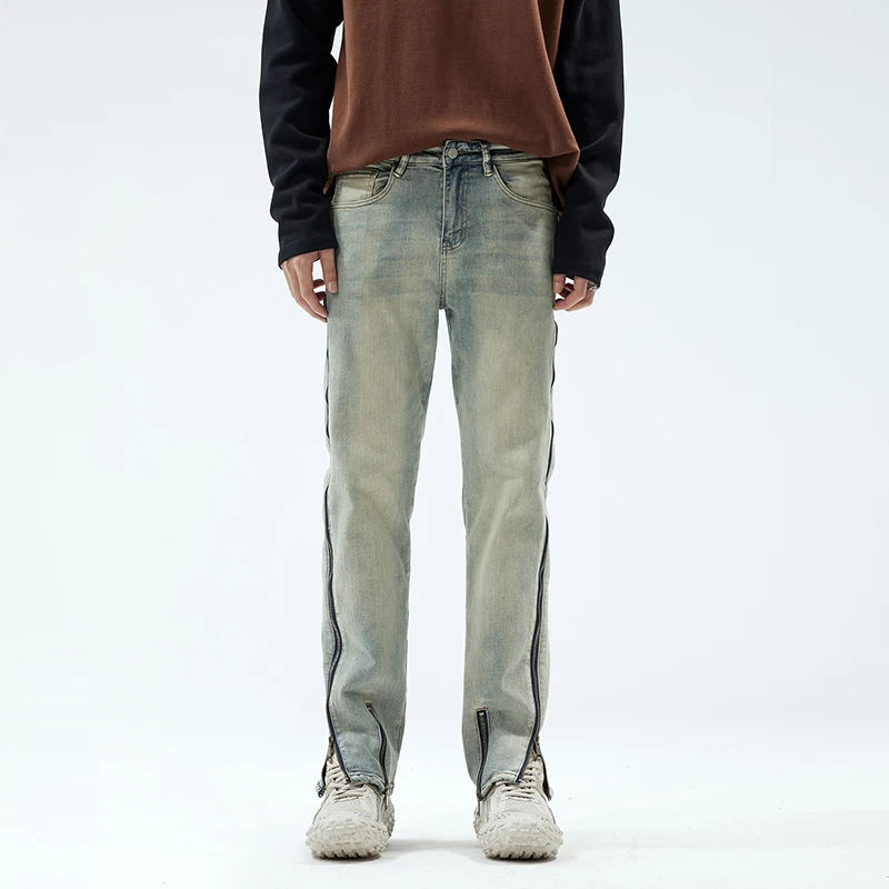 VIZIMI美式高街复古水洗弹力牛仔裤潮牌百搭宽松直筒拉链开叉长裤