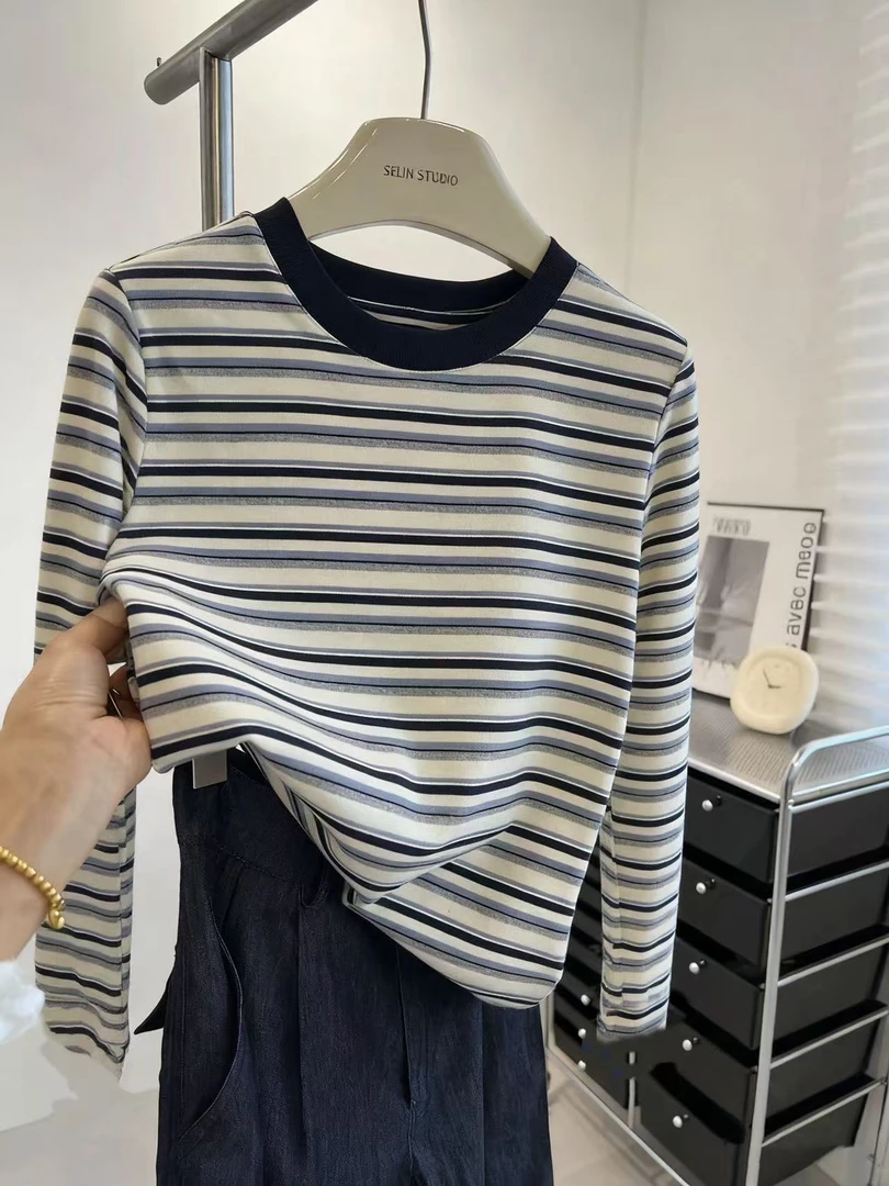 长袖~「美式复古条纹」男女同款纯棉长袖打底衫学院风上衣25097