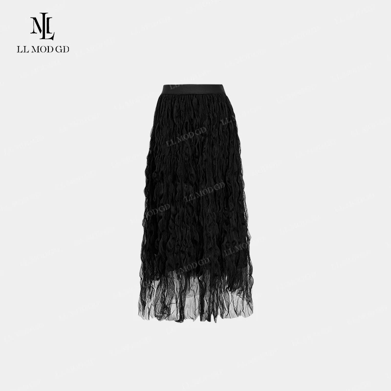 仙韵幻纱  网纱半身裙春夏新款高腰显瘦褶皱中长款仙裙YL-260296