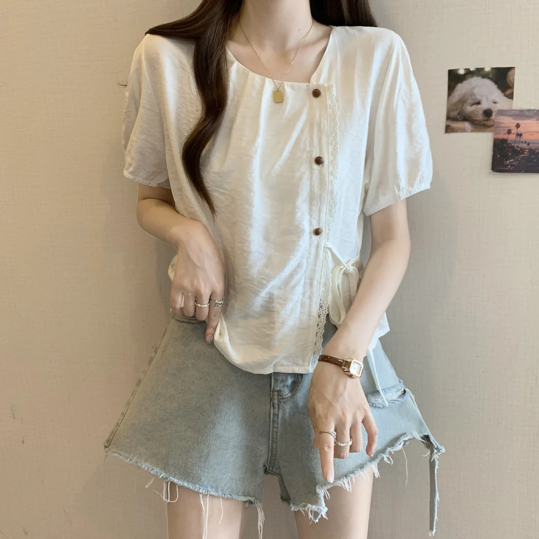 2025夏季爆款韩系高端甜美宽松显瘦短袖减龄百搭设计感法式衬衫女