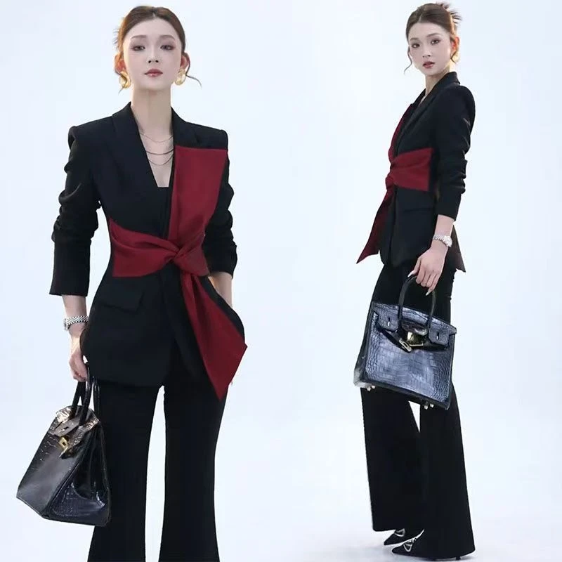 高级感时尚气质女秋季新款蝴蝶结设计感外套+高腰微喇裤两件套潮