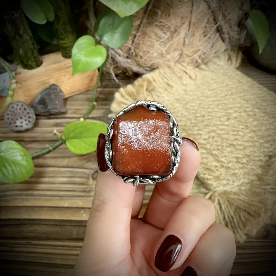 【古香古色】复古s925银蜜蜡琥珀戒指（圈口可调节）