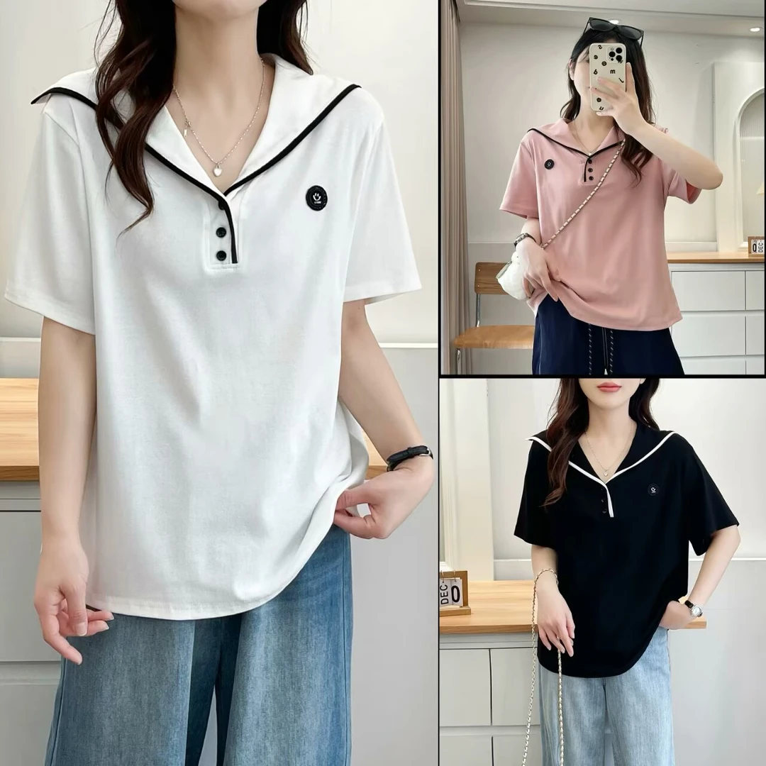 HUIZHIMEI/绘智美大码夏季洋气宽松显瘦海军领撞色减龄短袖t恤女
