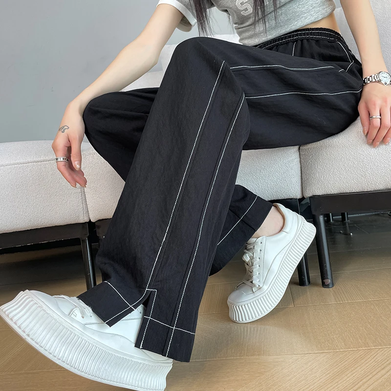 春夏黑色薄款牛仔阔腿裤女初中高中学生高腰大码休闲开叉直筒裤子