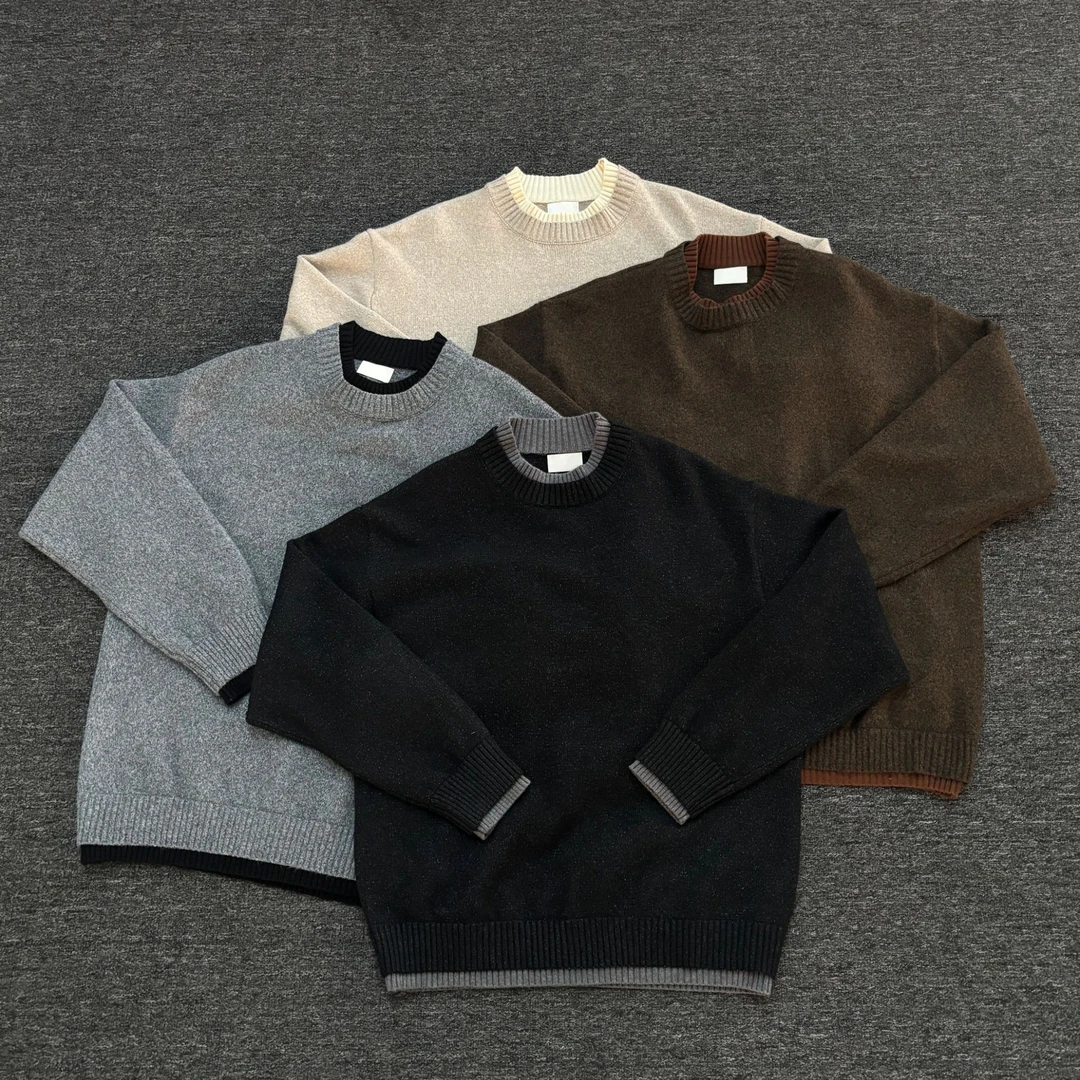 【假两件双领双袖毛衣】冬季新款男士绵羊绒混纺假两件拼接套头毛衣