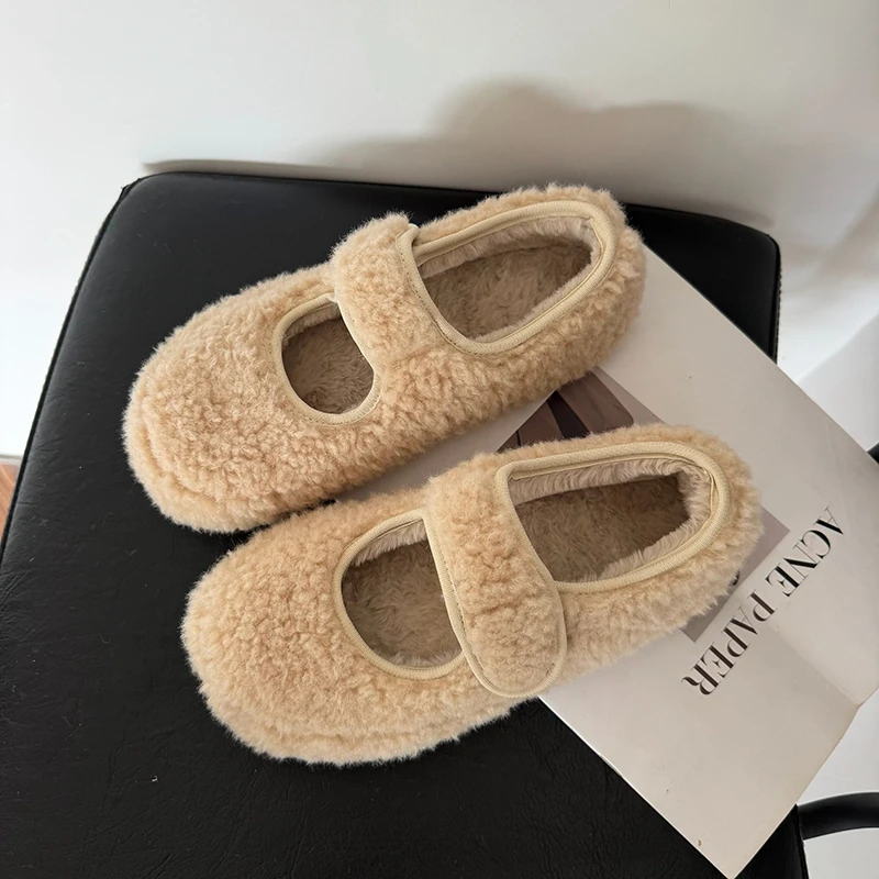 白色羔羔毛毛鞋女秋冬加绒2025新款平底豆豆棉鞋魔术贴玛丽珍单鞋