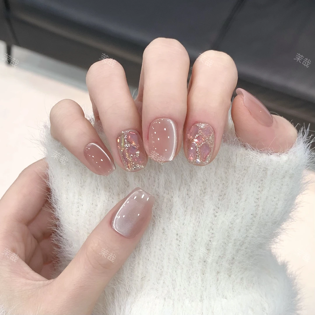 茉哉KK现货【粉水晶】孤纯手工定制美甲拆卸穿戴甲A3729