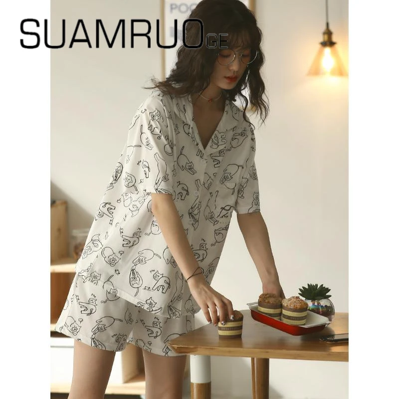 韩版小众睡衣女夏季纯棉薄款短袖可爱日系宽松大码休闲服两件套装