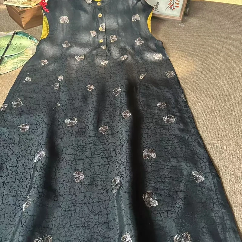 夏季新款新中式国风圆领无袖龟裂纹蝴蝶绣花背心连衣裙