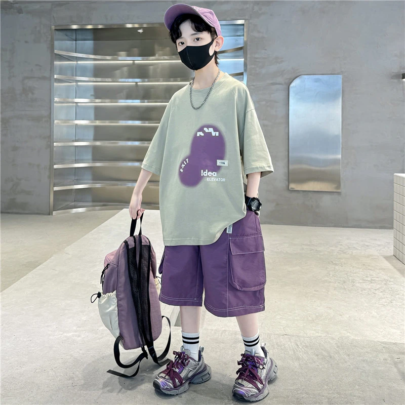 儿童装短袖套装2025新款中大童夏季男孩帅气潮酷痞帅男童夏季短袖