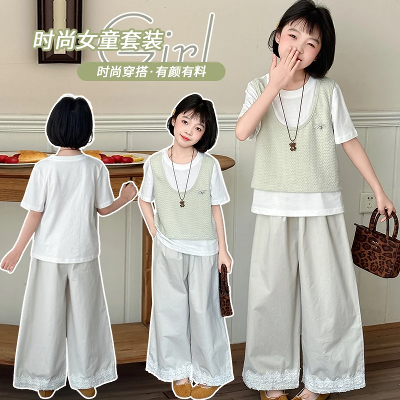 女童网红套装两件套假两件上衣2025夏季时尚洋气潮流中大童服装