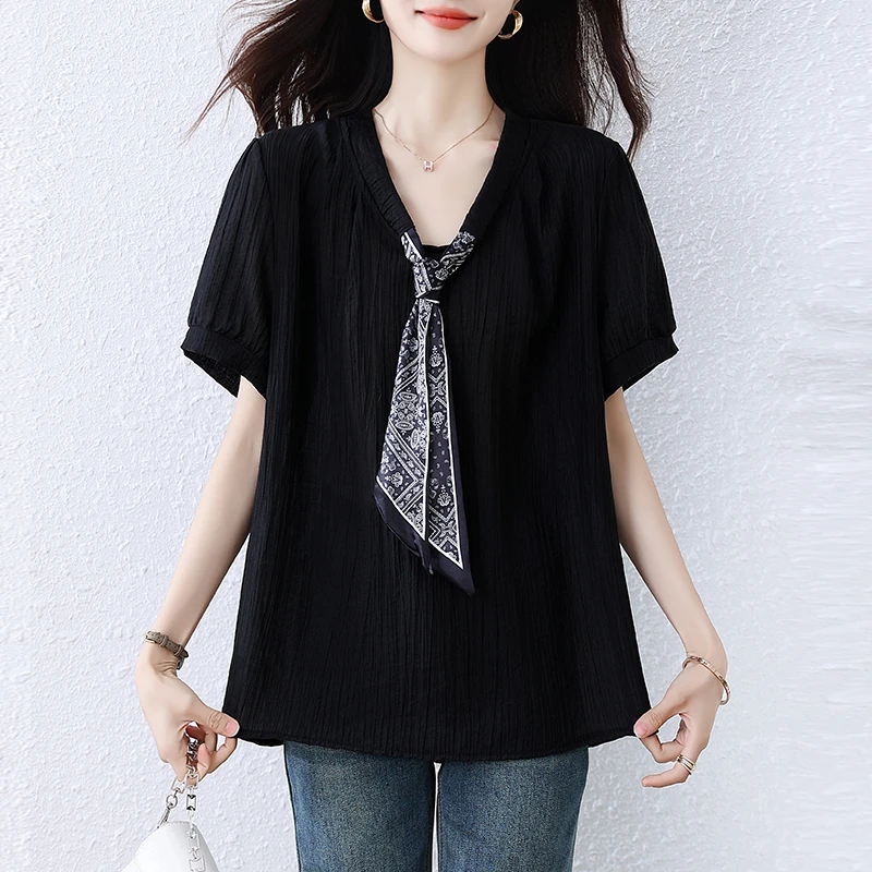 【女神新衣】2025夏季新款胖MM领带衬衫时尚简约百搭短袖黑色上衣