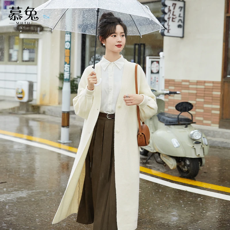 慕兔法式慵懒风长袖针织开衫女2024春季高级感中长款毛衣外套