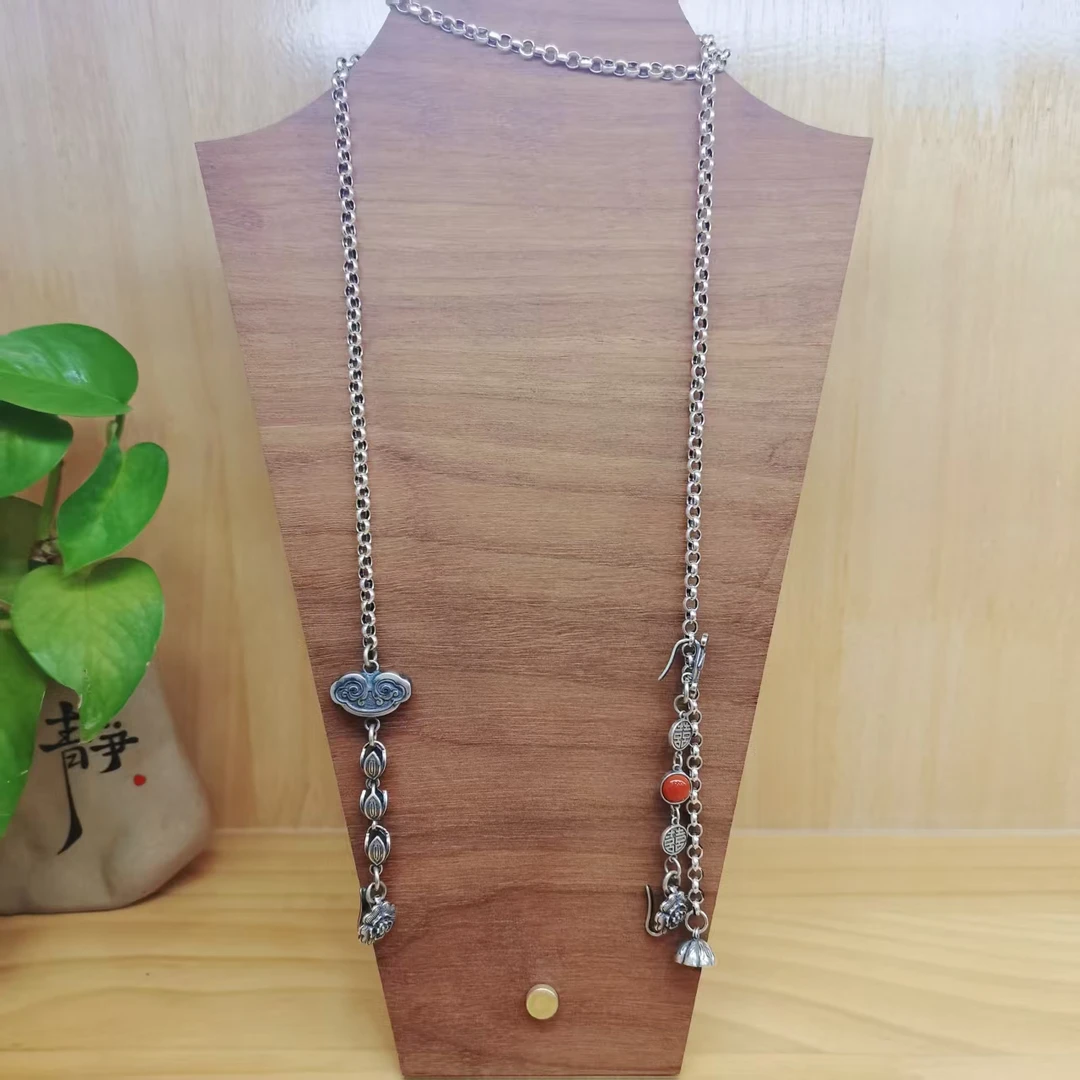 银之酷 链子925银 925银双钩项链百搭链女复古做旧民族风长款个性