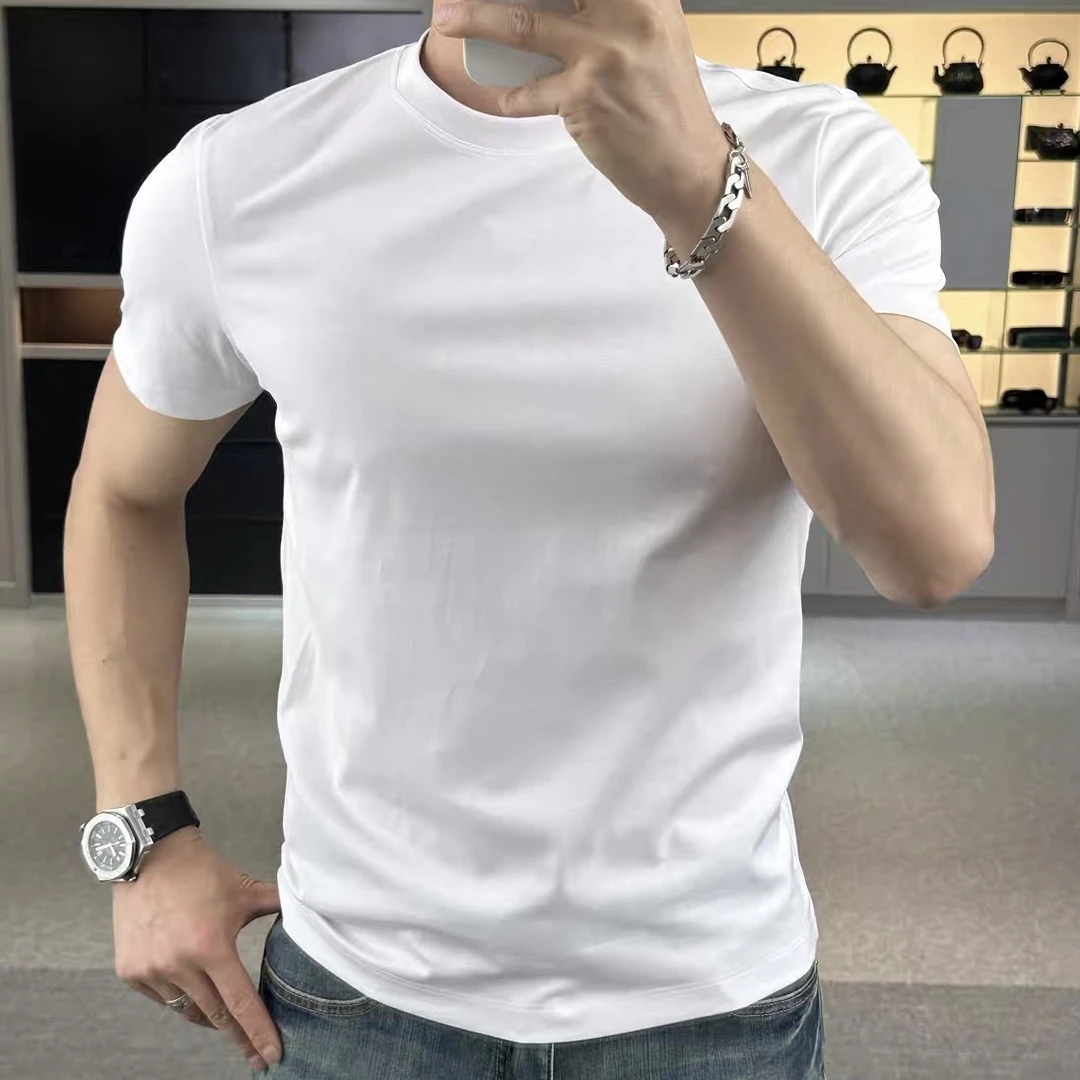 2025夏季圆领男士短袖T恤纯色修身丝滑中青年半袖男女同款上衣