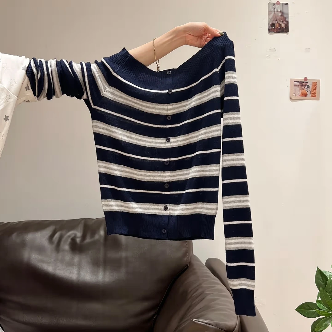 韩版撞色条纹露肩一字肩长袖针织开衫女秋季巨好看打底衫显瘦上衣