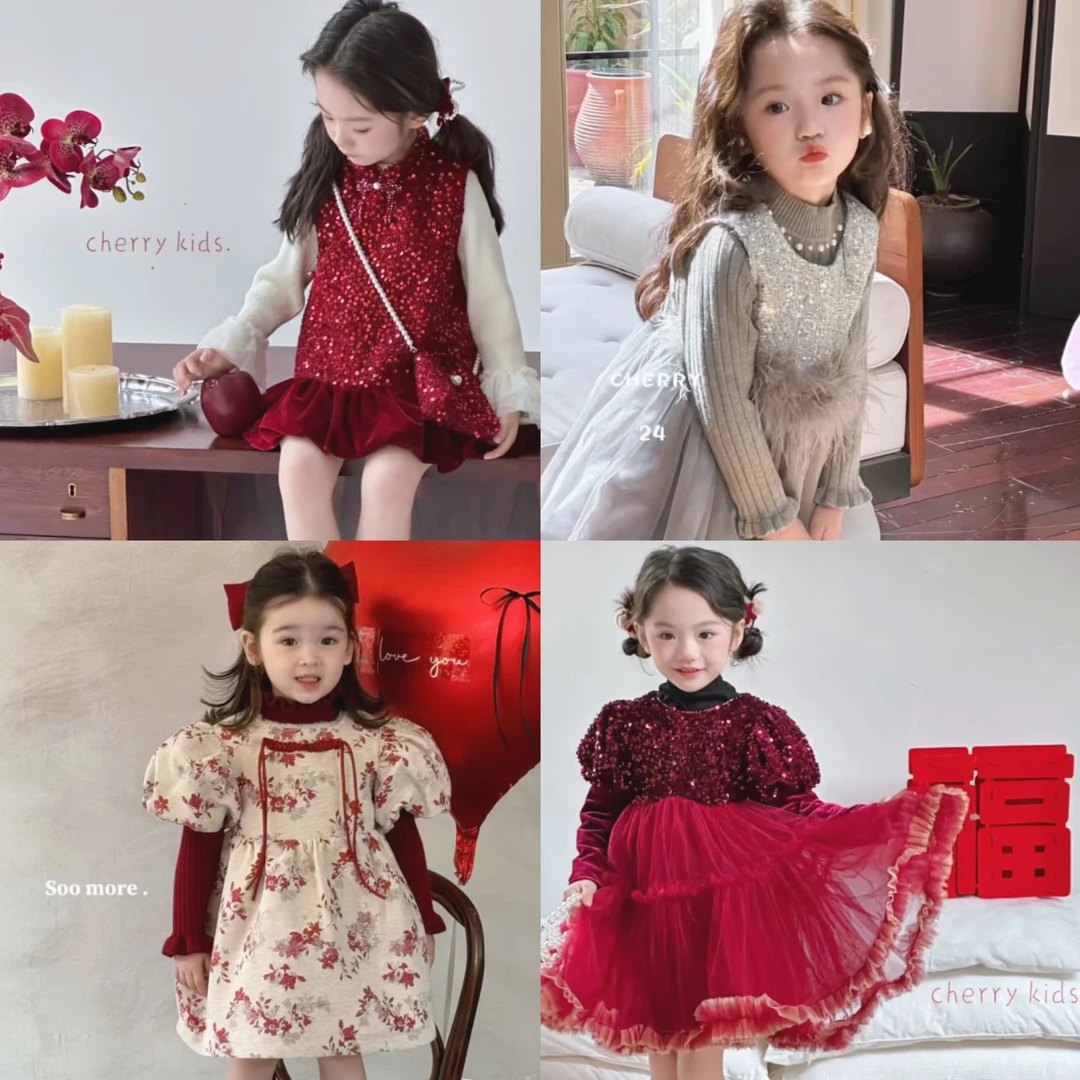 童装女童公主风千金风春秋连衣裙小童礼服公主裙红色裙子秋冬加绒