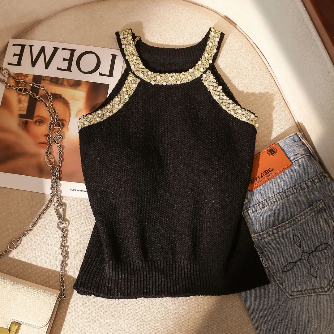 高级感重工镶钻针织挂脖吊带背心女夏季外穿修身美背辣妹无袖上衣