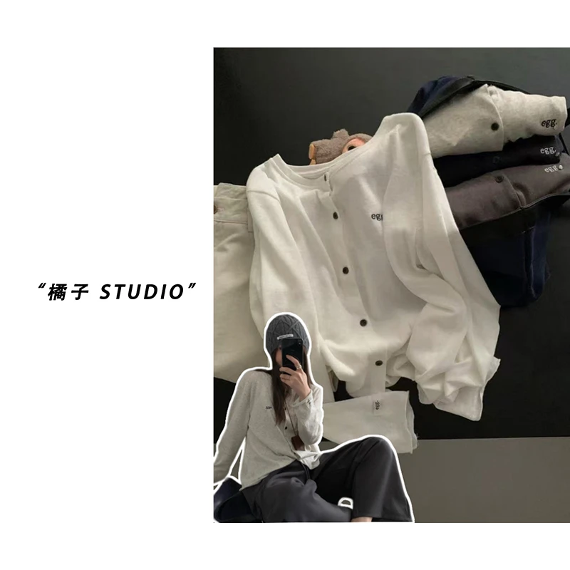 「韩系美拉德开衫」韩系！圆领单排扣木耳边小刺绣女士开衫外套