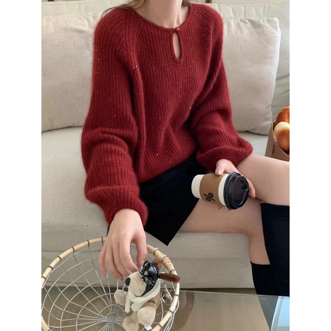 韩国星空酒红色亮片宽松套头袖毛衣女2024秋冬新款加厚打底针织衫