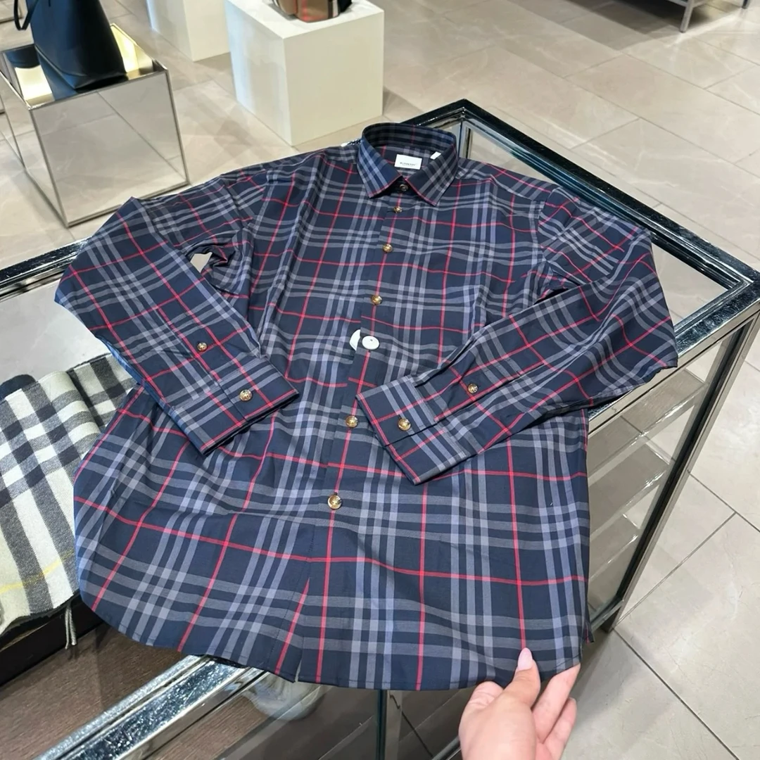 未使用 BURBERRY/博柏利 男款蓝色格纹长袖衬衫 格子衬衣