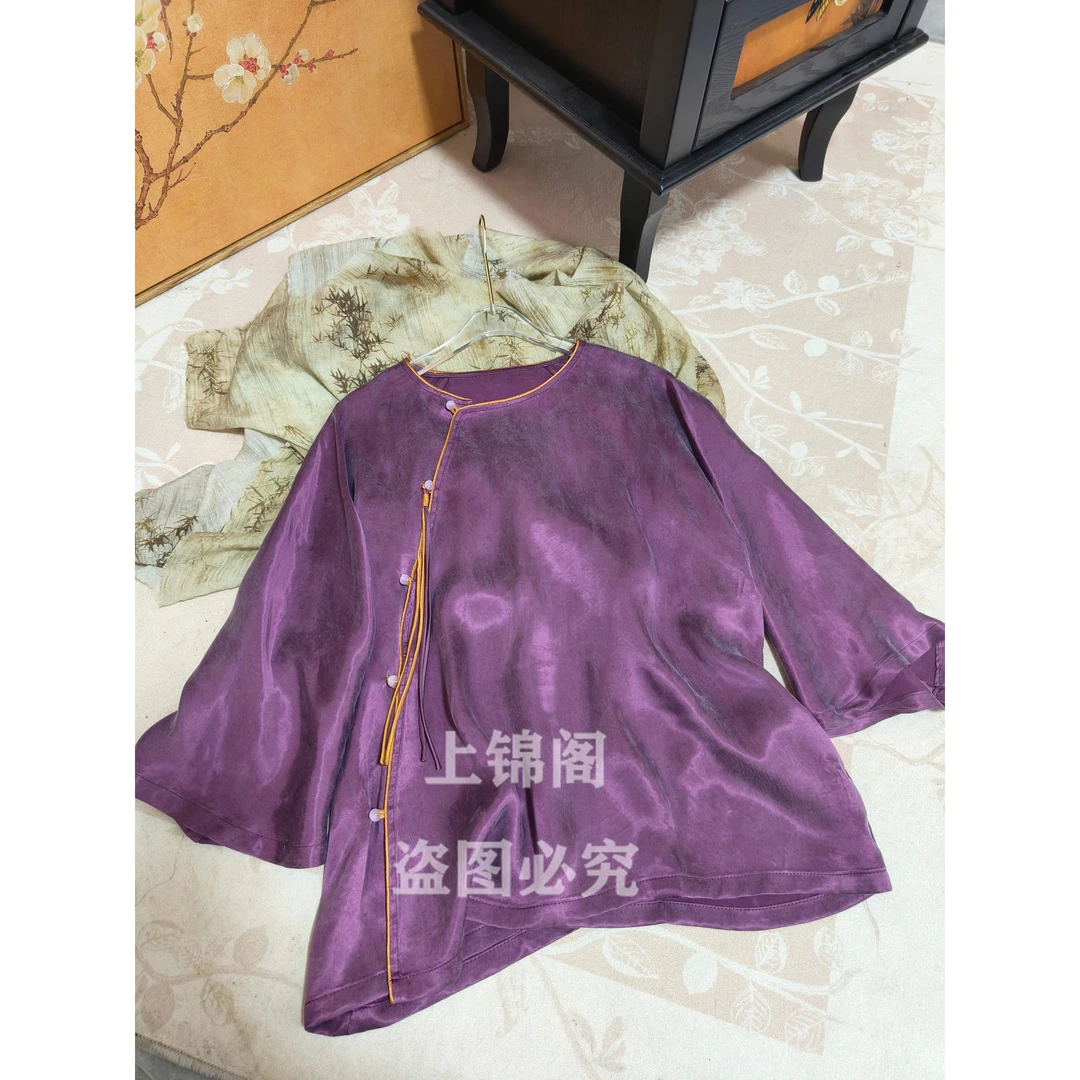 591新中式圆领斜襟紫色上衣休闲百搭纯色夏季复古宽松中国风女