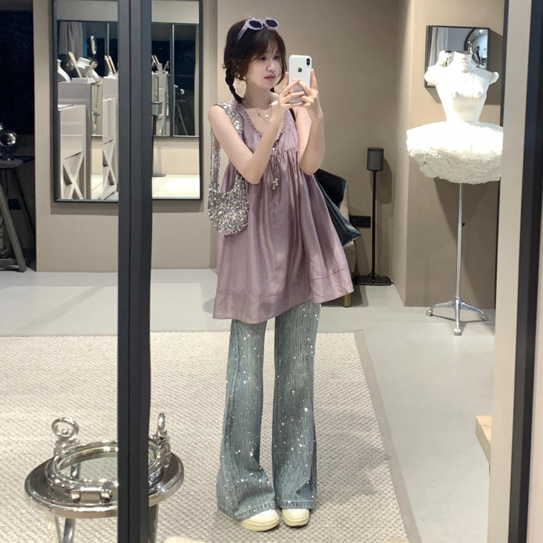 韩系小个子紫色吊带连衣裙子女夏季新款海边度假宽松减龄a字短裙