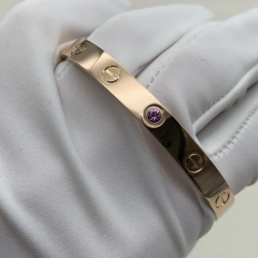 99新 Cartier/卡地亚 玫瑰金宽版单钻开口手镯彩宝紫粉宝16号