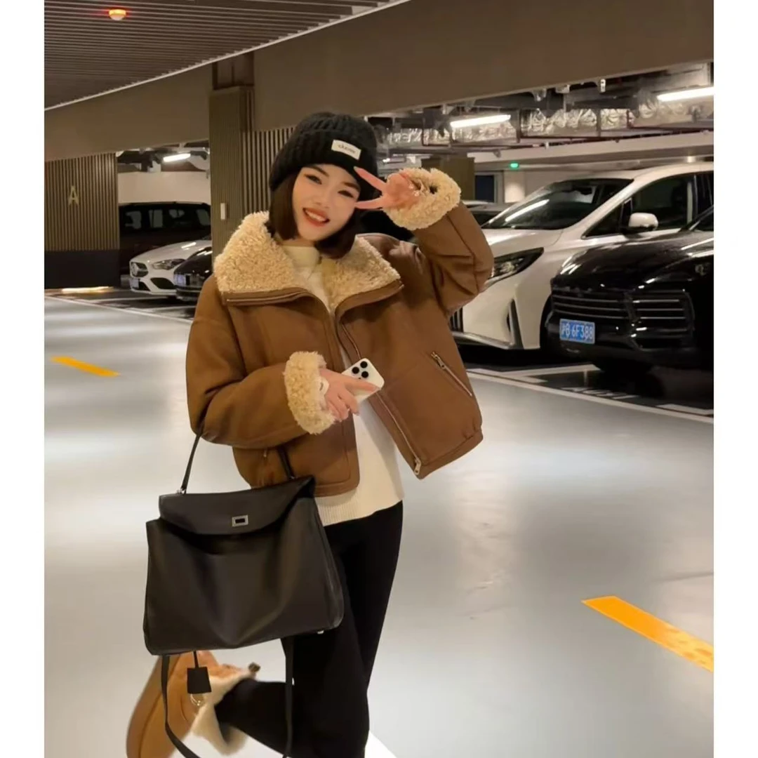 【暖阳皮毛一体】冬季大翻领毛毛内里机车服短款圈圈毛拉链外套
