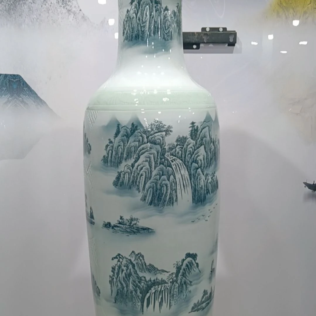 瓶景德镇落地花瓶一米8雕刻山水一对