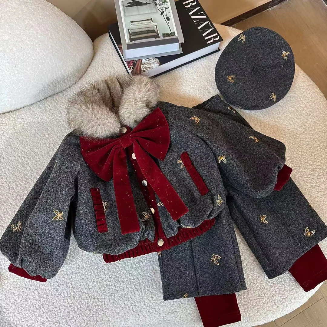女童秋冬季加绒套装2025新款女孩洋气皮衣时髦上衣裤子