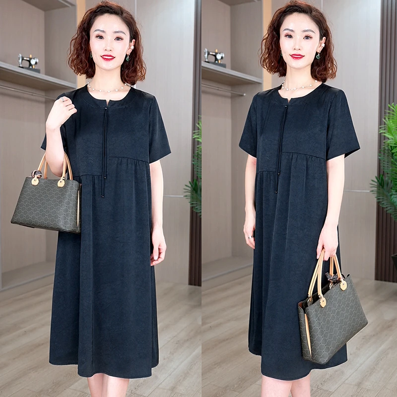 恩狐中老年妈妈装2025年夏季新款碎花连衣裙洋气圆领宽松显瘦裙子