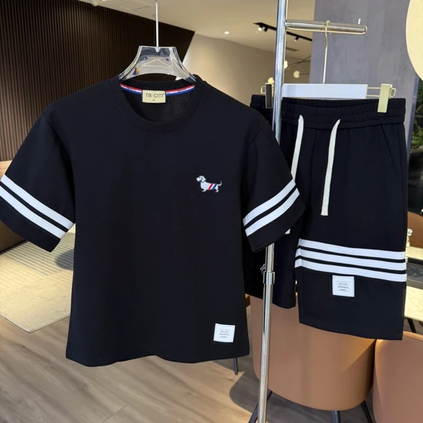 夏季新款华夫格短袖T血短裤套装男士宽松显瘦百搭潮流简约套装男