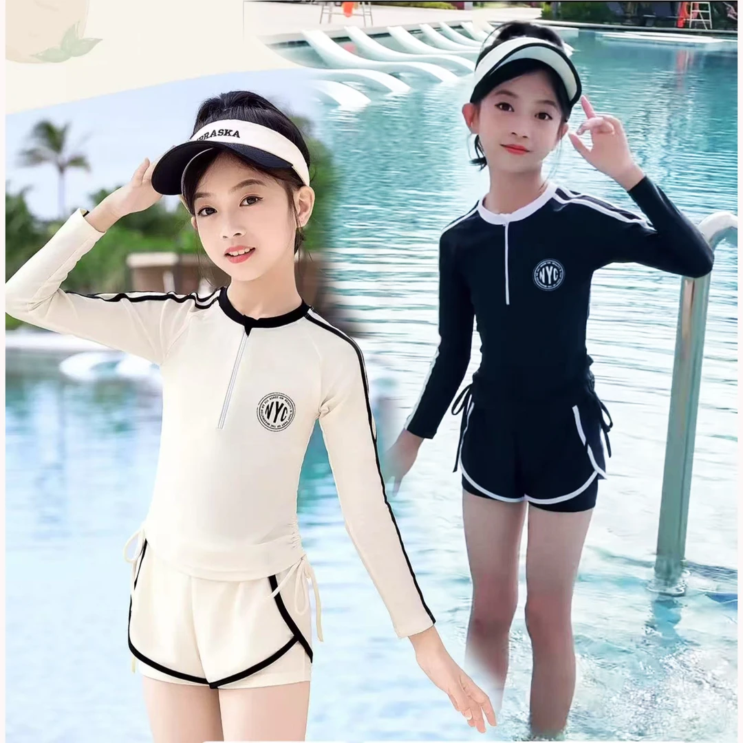 女童泳分体防晒泳装中大童小童青少年新款女孩专业训练游泳衣裤潮